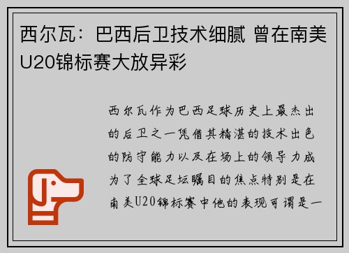 西尔瓦：巴西后卫技术细腻 曾在南美U20锦标赛大放异彩